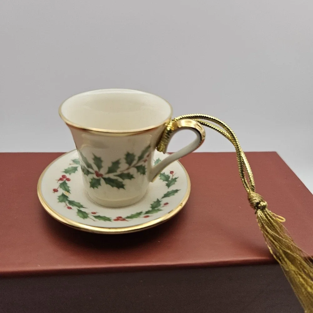 Lenox Hanging Cup & Saucer Ornament, White/Green/Red/Gold Floral Christmas